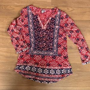 Lucky Brand Top Block Floral Print Split Neck knit top red and blue Size Small